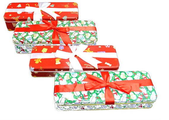 Rectangular gift tin box with silk ribbon