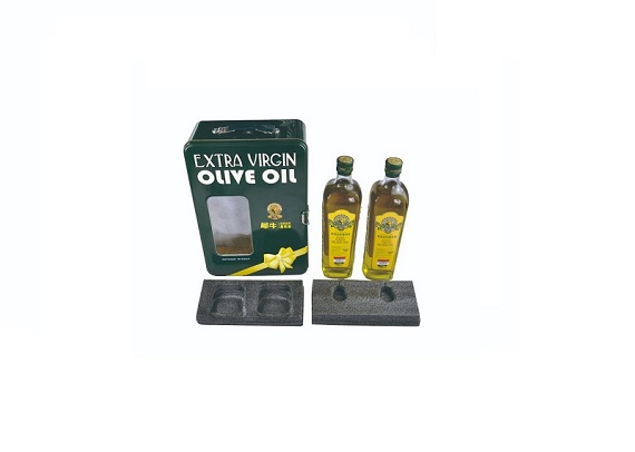 Rectangular olive oil gift metal packaging with transparent window