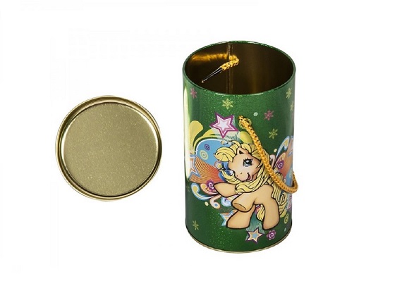 Pretty and Cute Laser Customized Printing Round Tin Can with Rope Handle for Gift or Promotion