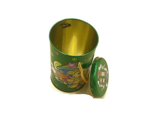 Pretty and Cute Laser Customized Printing Round Tin Can with Rope Handle for Gift or Promotion